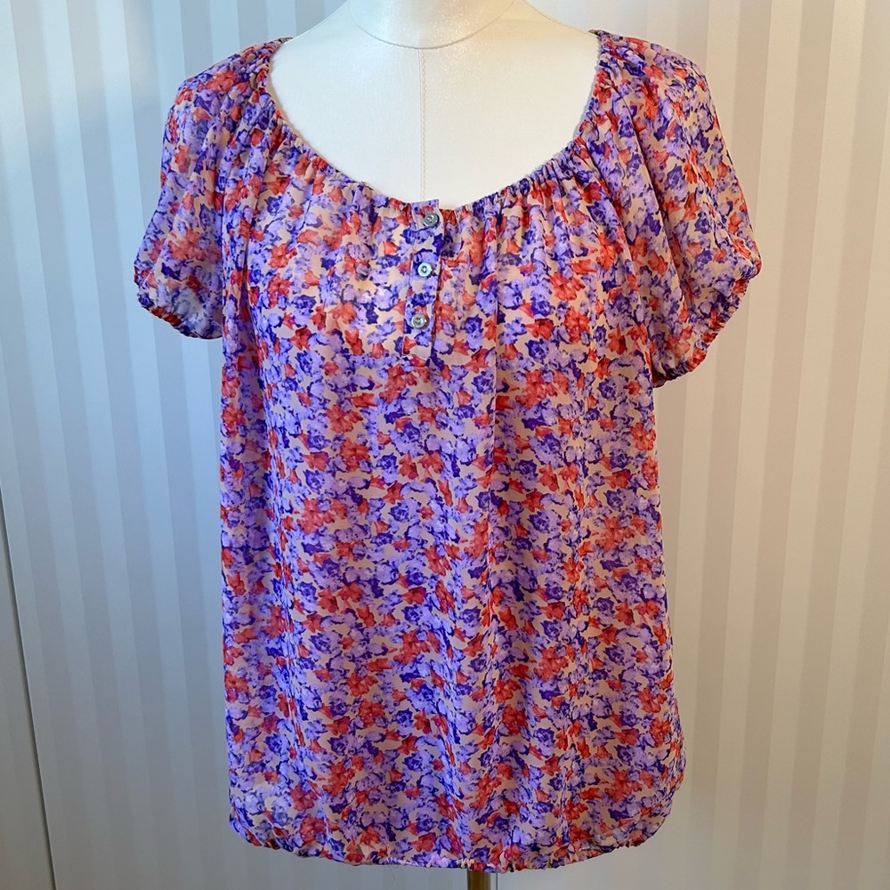 Liz Claiborne purple pink floral blouse with attached under tank Size L